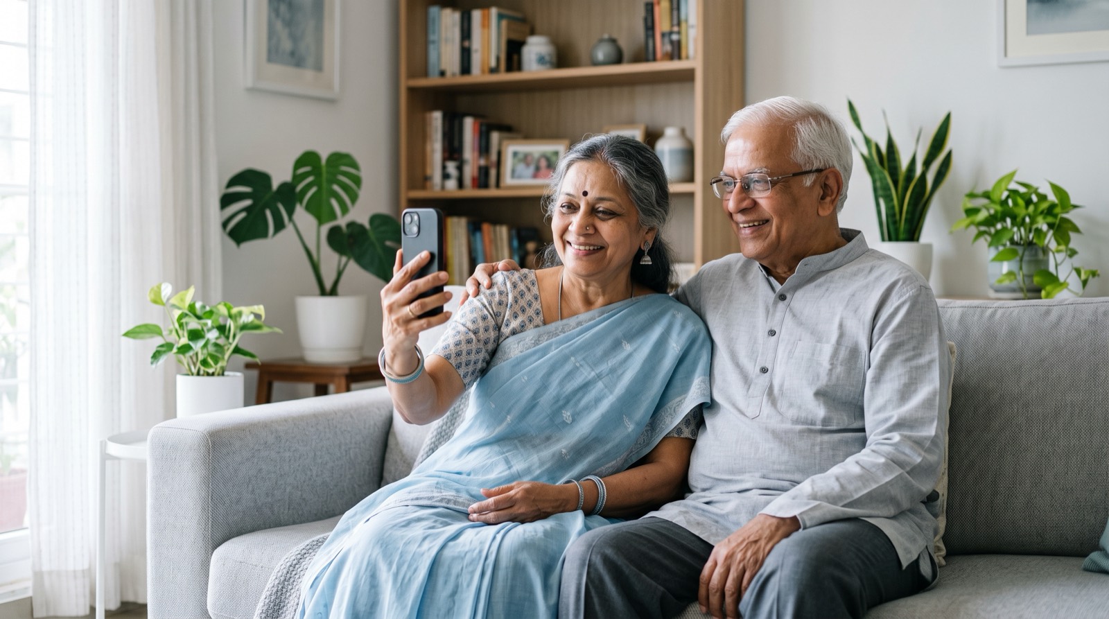 An elderly couple on a sofa at home, smiling at a video call on the grandmother's phone