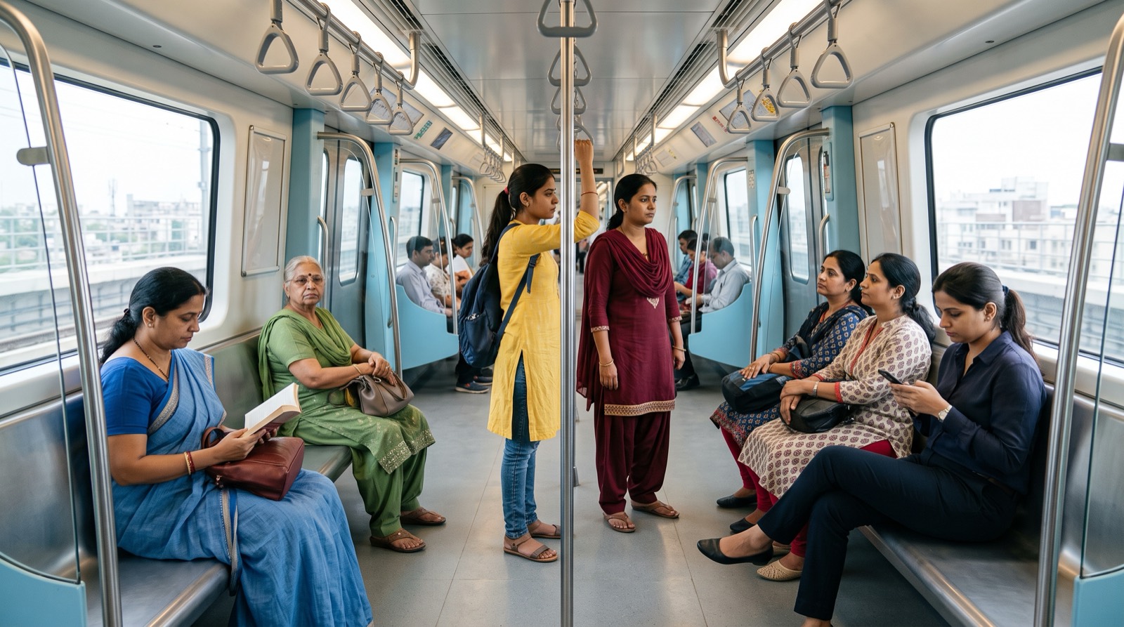 Women of different ages seated and standing in a bright metro coach during a daytime commute