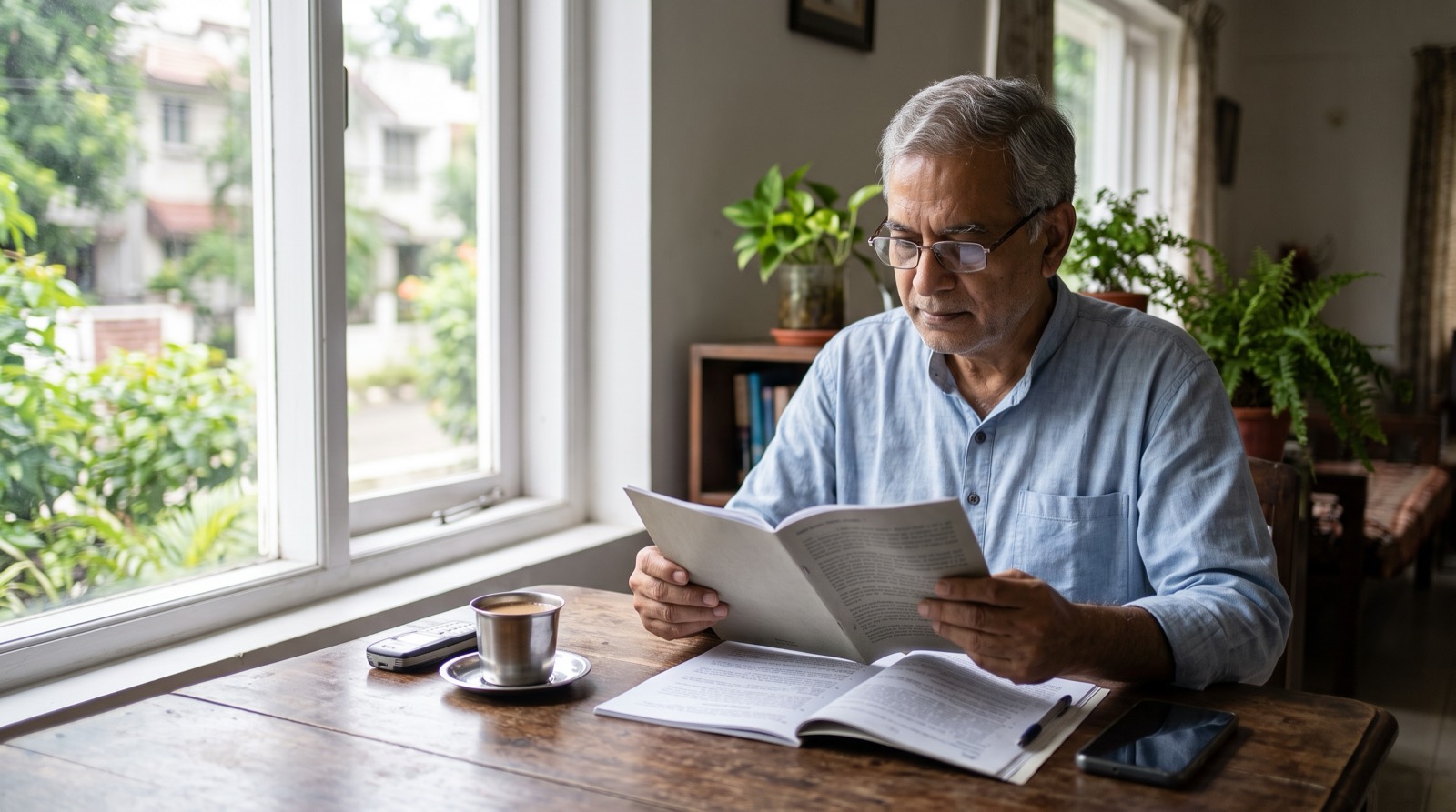 A retired man in spectacles reading documents at a dining table by the window, with a cup of chai and two phones