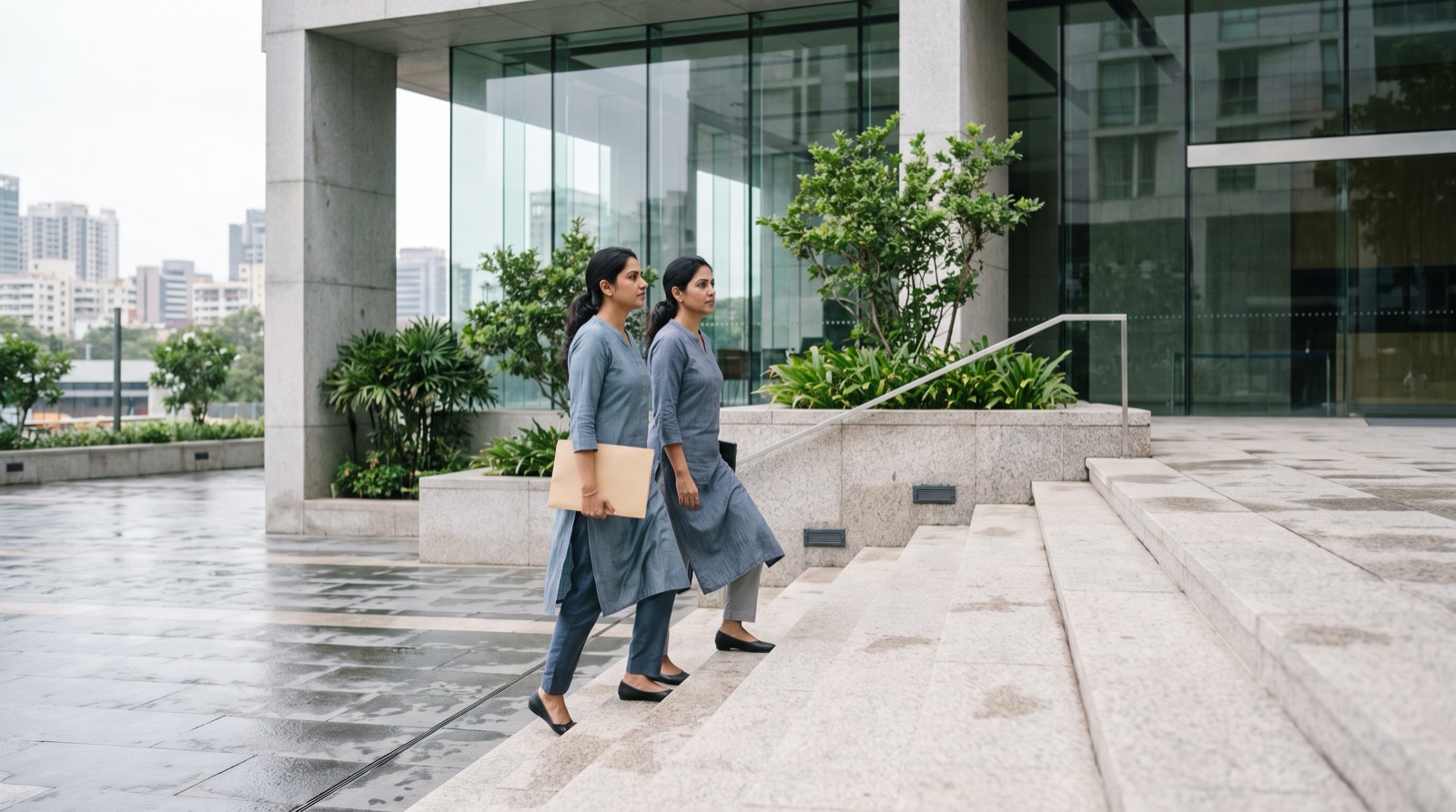 Two women walking up the stone steps of a modern public building, one carrying a folder of papers
